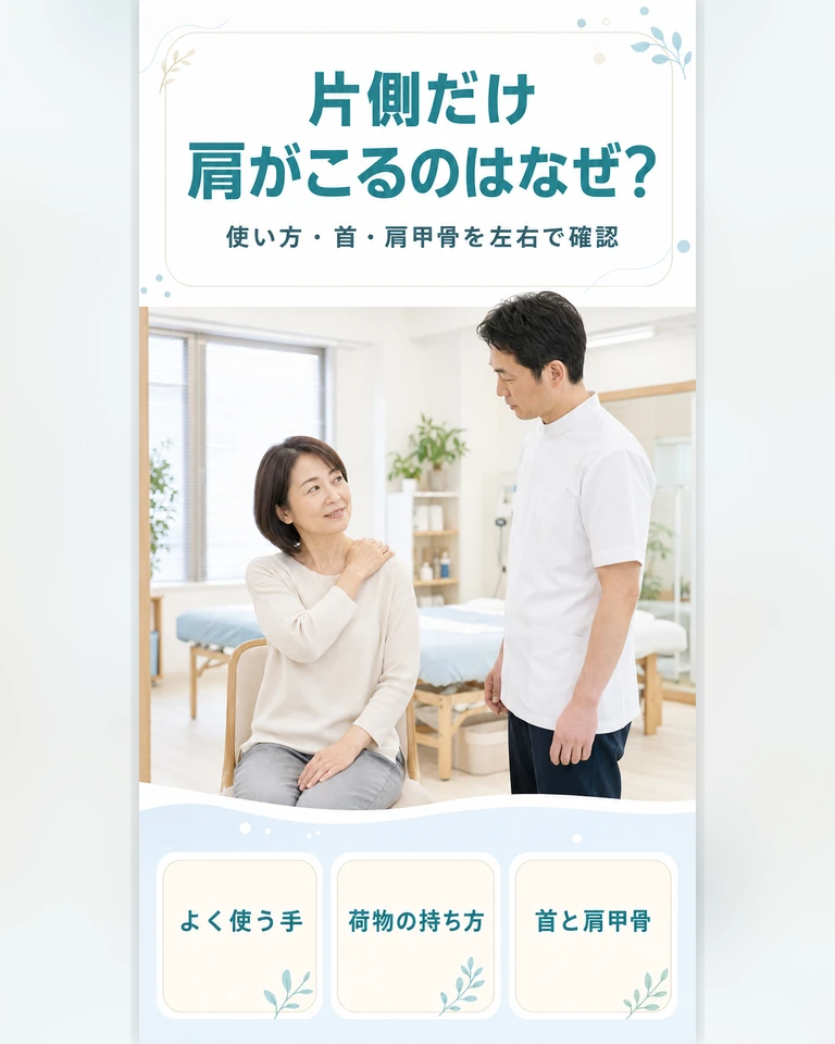 片側だけ肩がこるときに確認する使い方・首・肩甲骨 横須賀市で片側だけ肩がこる方の首や肩甲骨と日常動作の左右差を確認するスマホ用ヒーロー画像