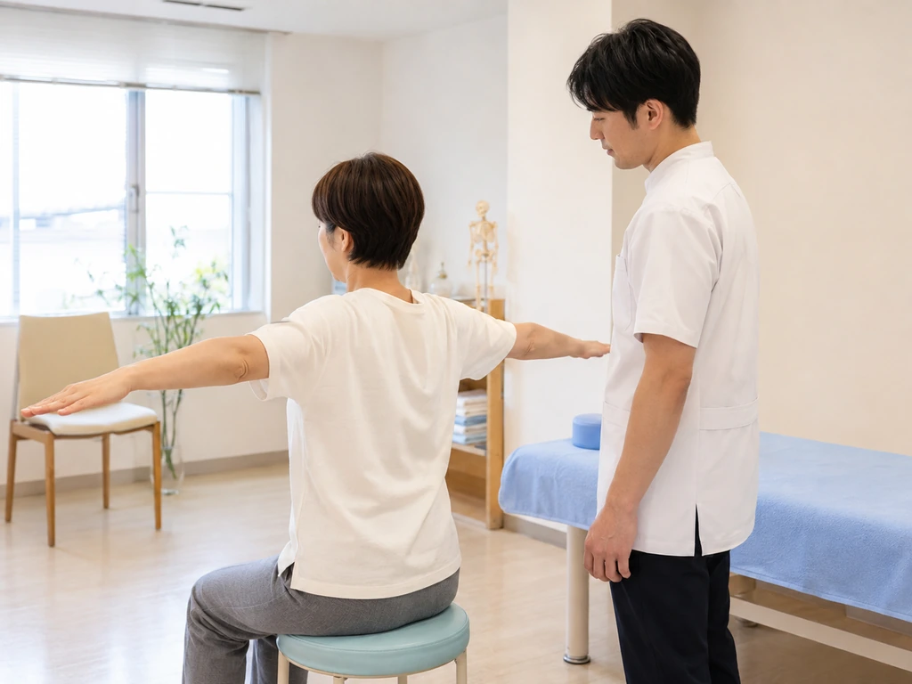 首・肩甲骨・腕の動きを左右で確認 片側だけ肩がこる患者の首と肩甲骨の動きを施術者が左右で確認する様子