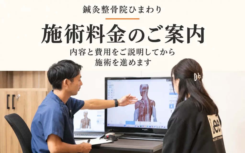 施術料金のご案内。内容と費用をご説明してから施術を進めます。鍼灸整骨院ひまわりの問診風景。