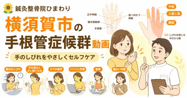 横須賀市で手のしびれや手根管症候群が気になる方へセルフケア動画を紹介する鍼灸整骨院ひまわりのアイキャッチ画像