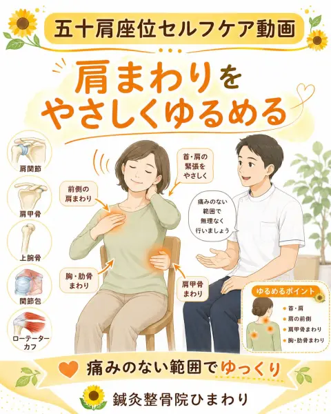 横須賀市で四十肩や五十肩に悩む方へ座ってできる肩まわりセルフケア動画を紹介する鍼灸整骨院ひまわりのアイキャッチ画像