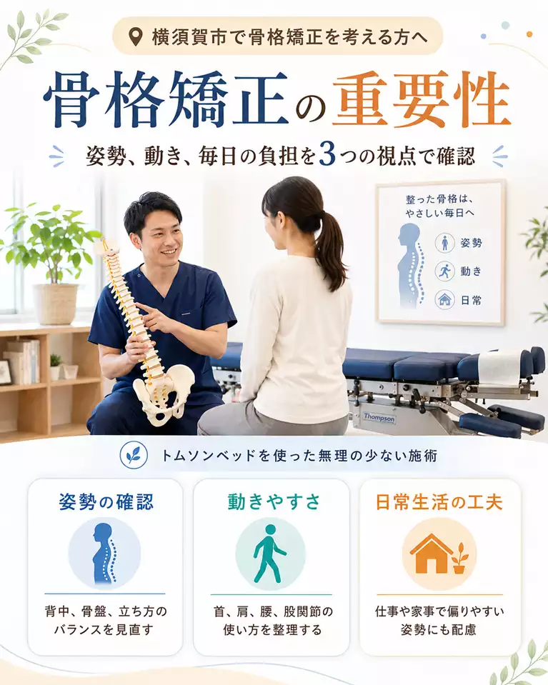 横須賀市で骨格矯正を検討している方へ、姿勢と動作を確認する考え方を解説する画像 横須賀市で骨格矯正を検討している方へ、姿勢の確認、身体の動かしやすさ、日常生活での負担への配慮を解説する画像