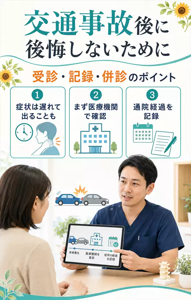 横須賀市で交通事故後に確認したい受診と記録のポイント 横須賀市で交通事故後の症状、医療機関の受診、通院経過の記録について相談する様子