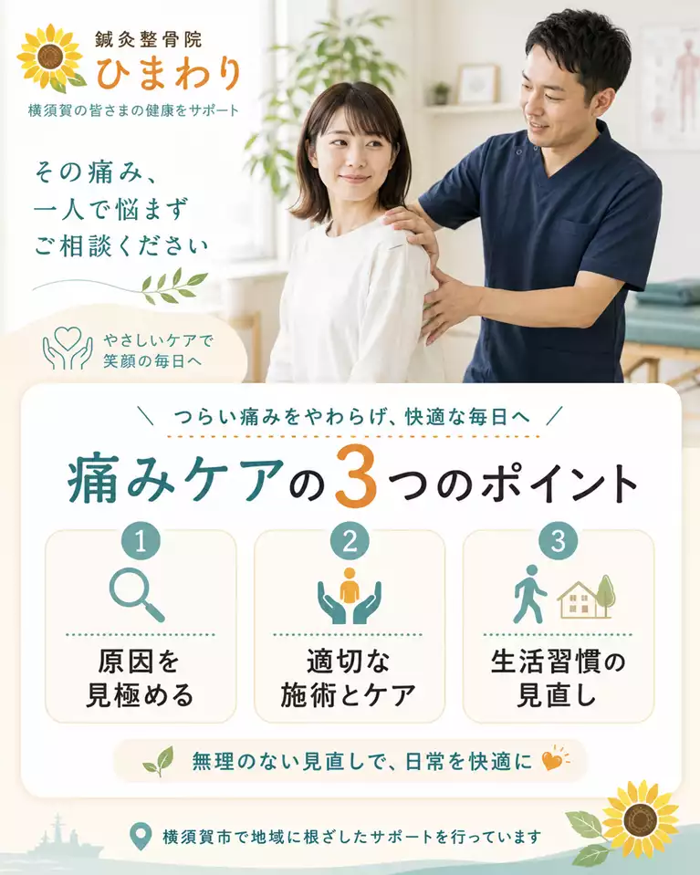 横須賀市で痛みにお悩みの方へ、原因の見極め、適切な施術とケア、生活習慣の見直しを解説する画像