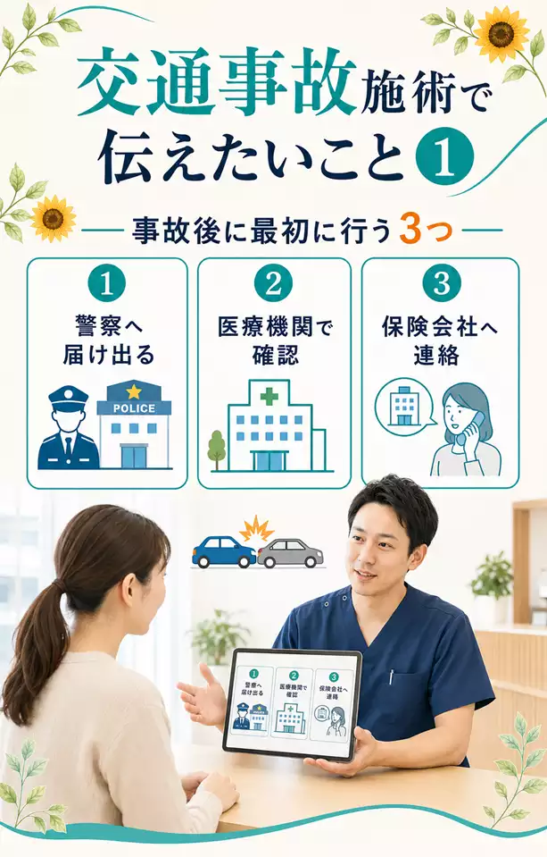 横須賀市で交通事故後に警察への届出、医療機関の受診、保険会社への連絡について説明を受ける様子