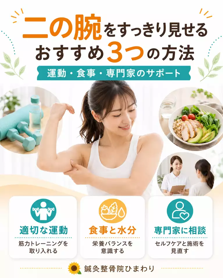 横須賀市で二の腕をすっきり見せたい方へ、適切な運動、食事と水分、専門家への相談を解説する画像