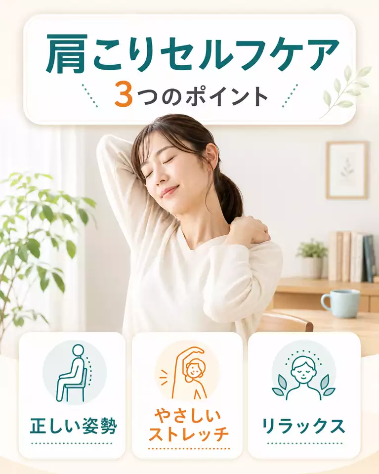 横須賀市で肩こりにお悩みの方へセルフケア3つのポイント 横須賀市で肩こりにお悩みの方へ、正しい姿勢、やさしいストレッチ、リラックス習慣を解説する画像