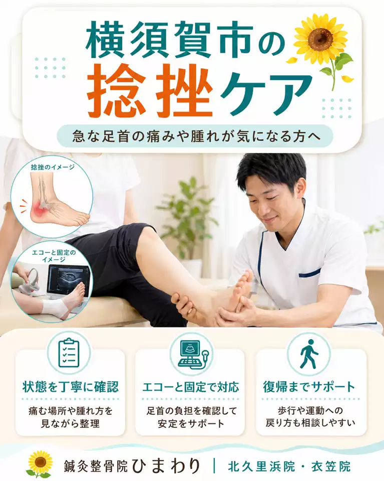 横須賀市の捻挫ケア 横須賀市で捻挫による急な足首の痛みや腫れ、状態確認、エコーと固定、歩行や運動への復帰相談を解説する画像