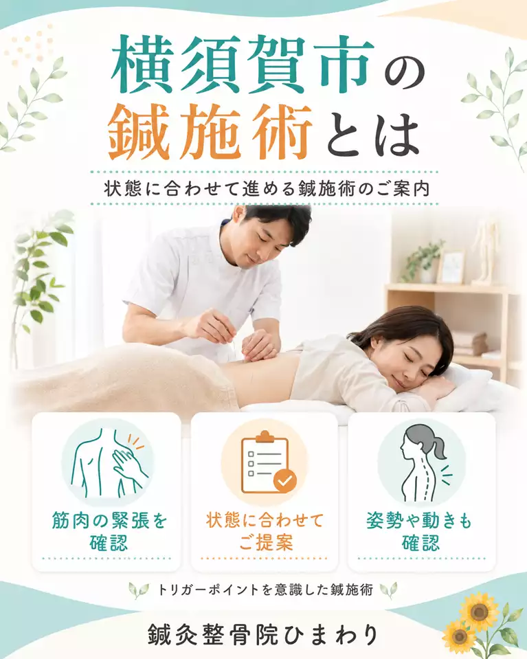 横須賀市で鍼施術を検討している方へ、筋肉の緊張や姿勢、動きを確認し、状態に合わせてトリガーポイントを意識した鍼施術を行う様子を解説する画像