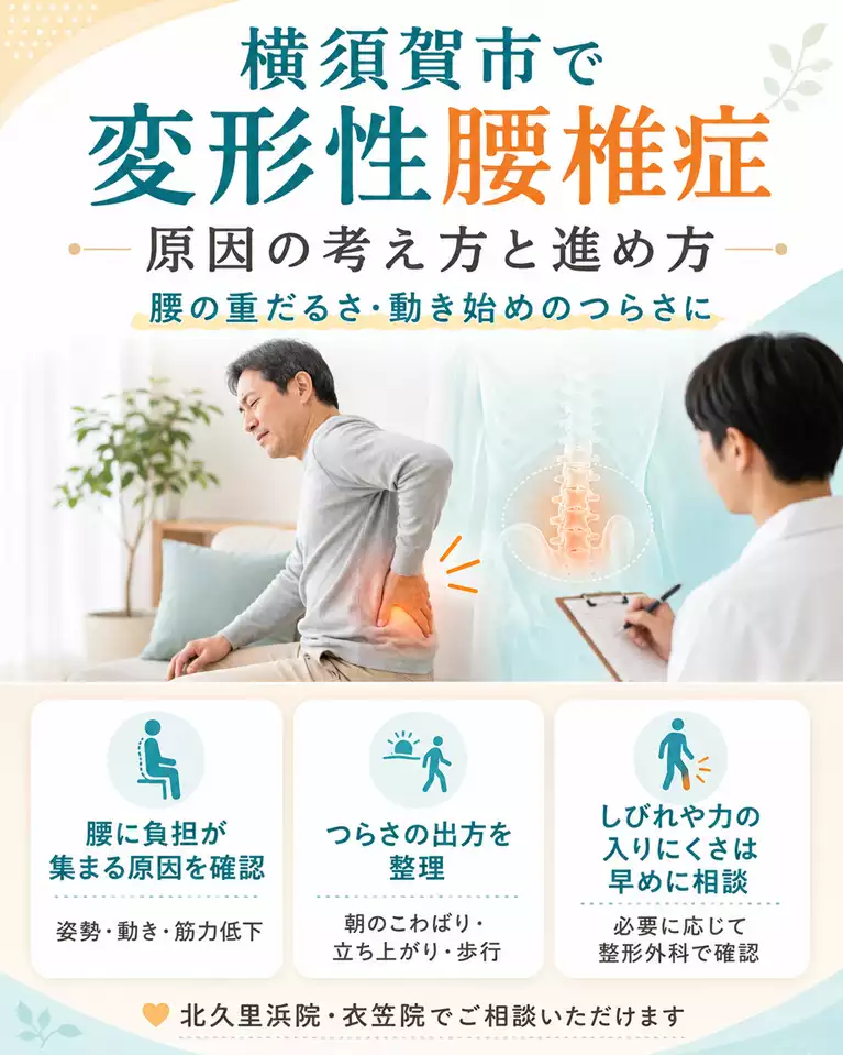 横須賀市で変形性腰椎症による腰の重だるさや動き始めのつらさを解説する画像
