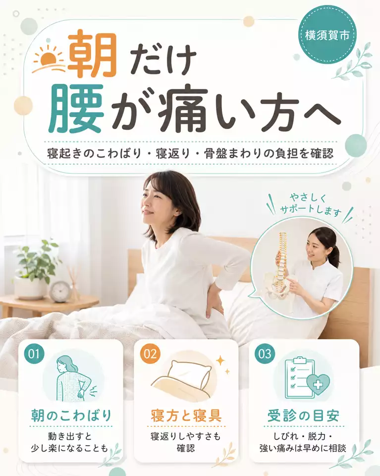 横須賀市で朝だけ腰が痛い時の原因と受診目安 横須賀市で朝だけ腰が痛い方へ、寝起きに腰を押さえる女性と朝のこわばり、寝返り、寝具、しびれや脱力など受診目安を紹介する画像