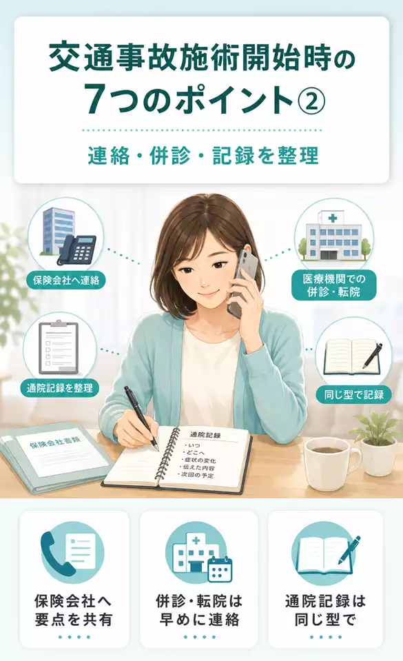 交通事故施術開始時の7つのポイント② 横須賀市で交通事故施術開始時に保険会社への連絡、併診・転院、通院記録を整理するポイント