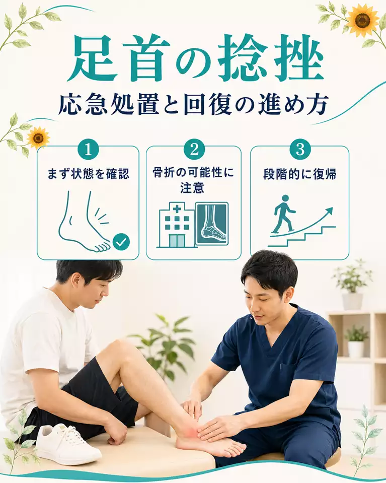 横須賀市で足首の捻挫による外くるぶしの痛みと腫れを施術者が確認する様子