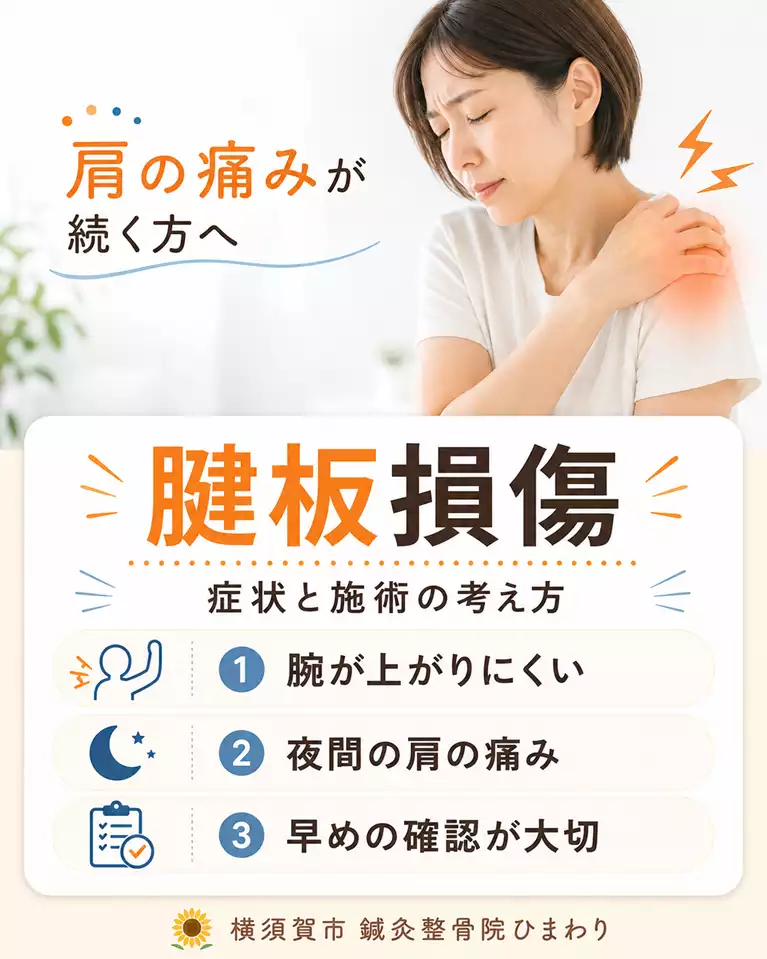 横須賀市で腱板損傷による肩の痛み、腕が上がりにくい、夜間の肩の痛み、早めの確認と施術の考え方を解説する画像 横須賀市で腱板損傷による肩の痛み、腕が上がりにくい、夜間の肩の痛み、早めの確認と施術の考え方を解説する画像