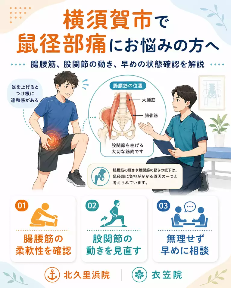 横須賀市で鼠径部痛にお悩みの方へ、腸腰筋と股関節の確認を解説する画像 横須賀市で鼠径部痛にお悩みの方へ、腸腰筋の柔軟性、股関節の動き、無理をしない早めの相談を解説する画像