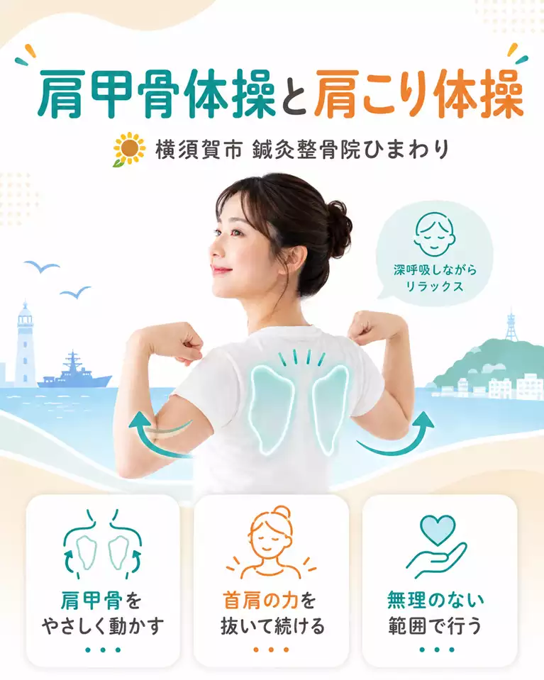 横須賀市で肩甲骨体操と肩こり体操を行いたい方へ解説する画像 横須賀市で肩甲骨まわりや肩こりが気になる方へ、肩甲骨をやさしく動かし、首肩の力を抜いて無理なく続ける体操を解説する画像