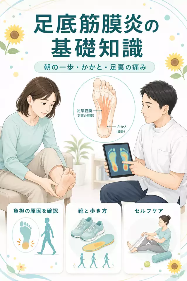 足底筋膜炎の基礎知識 横須賀市で足底筋膜炎による朝の一歩、かかと、足裏の痛みと靴・歩き方・セルフケアを確認する画像