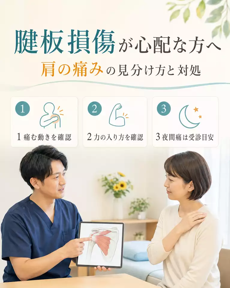 横須賀市で腱板損傷が心配な方へ、肩の痛みの見分け方と対処 横須賀市の鍼灸整骨院ひまわりで、腱板損傷が心配な方へ肩の痛む動き、力の入り方、夜間痛の受診目安を説明する様子
