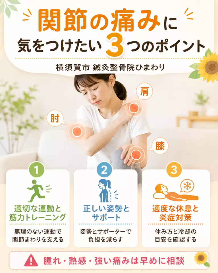 関節の痛みに気をつけたい3つのポイントとして、適切な運動と筋力トレーニング、正しい姿勢とサポート、適度な休息と炎症対策、腫れや熱感、強い痛みは早めに相談することを案内する画像