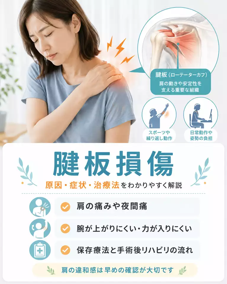 横須賀市で腱板損傷による肩の痛みや夜間痛、腕が上がりにくい、力が入りにくい症状、保存療法と手術後リハビリの流れを解説する画像