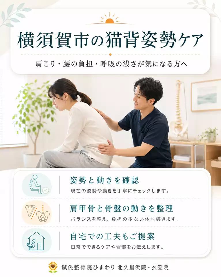 横須賀市で猫背姿勢による肩こり、腰の負担、呼吸の浅さ、姿勢と動きの見直しを解説する画像