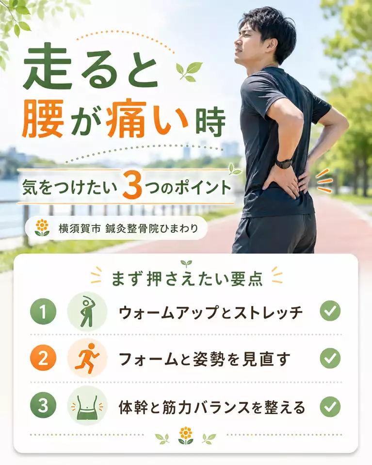 横須賀市で走ると腰が痛い時に気をつけたい3つのポイントとして、ウォームアップとストレッチ、フォームと姿勢の見直し、体幹と筋力バランスを整えることを案内する画像