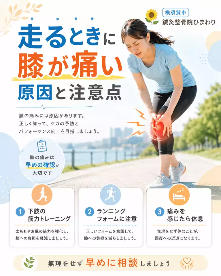 横須賀市で走るときの膝の痛みにお悩みの方へ、下肢の筋力、ランニングフォーム、休息の大切さを解説する画像