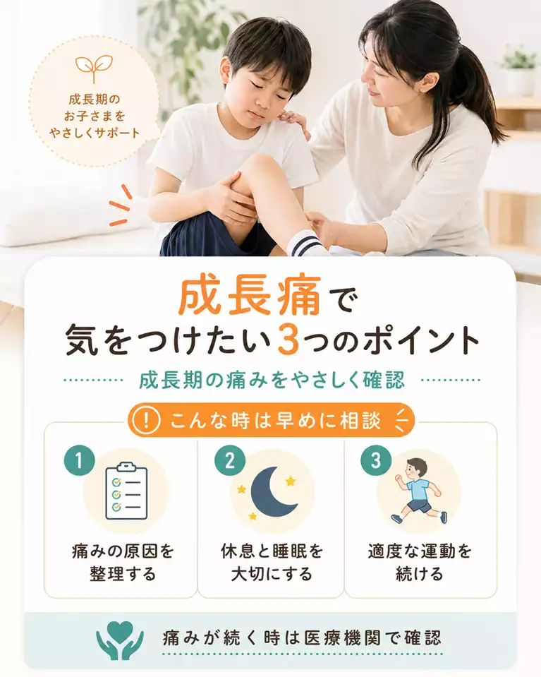 成長痛で気をつけたい3つのポイントとして、成長期の痛みの原因を整理すること、休息と睡眠を大切にすること、適度な運動を続けること、痛みが続く時は医療機関で確認することを案内する画像