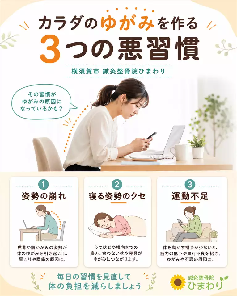横須賀市で体のゆがみが気になる方へ見直したい3つの習慣 横須賀市で体のゆがみが気になる方へ、姿勢の崩れ、寝る姿勢のクセ、運動不足による負担を解説する画像
