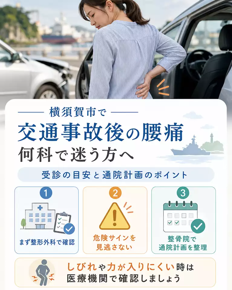 横須賀市で交通事故後の腰痛は何科へ行くか迷う方への受診目安 横須賀市で交通事故後の腰痛にお悩みの方へ、整形外科での確認、危険サイン、整骨院での通院計画を解説する画像