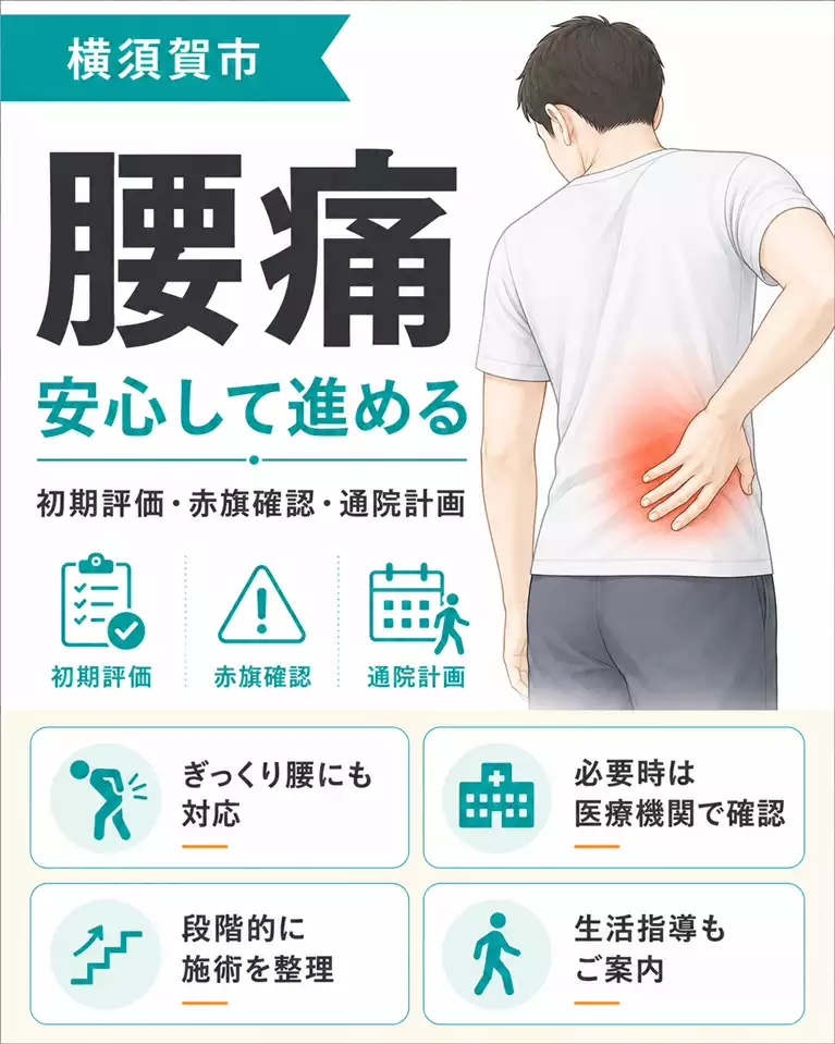 横須賀市で腰痛に不安がある方向けに、初期評価、医療機関で確認したいサイン、通院計画、生活指導を案内する鍼灸整骨院ひまわりのスマホ用ヒーロー画像