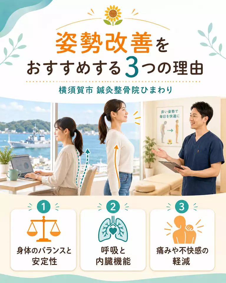 横須賀市で姿勢の乱れにお悩みの方へ見直したい3つの理由 横須賀市で姿勢の乱れにお悩みの方へ、体のバランス、呼吸のしやすさ、肩こりや腰への負担軽減を解説する画像