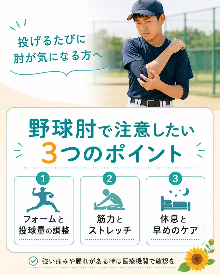 横須賀市で野球肘にお悩みの方へ、フォームと投球量の調整、筋力とストレッチ、休息と早めのケアを解説する画像
