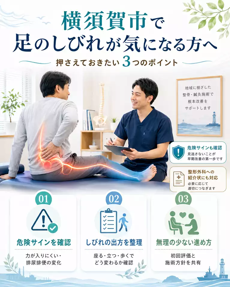 横須賀市で足のしびれが気になる方へ 横須賀市で足のしびれが気になる方へ、危険サインの確認、しびれの出方の整理、無理の少ない進め方を解説する画像