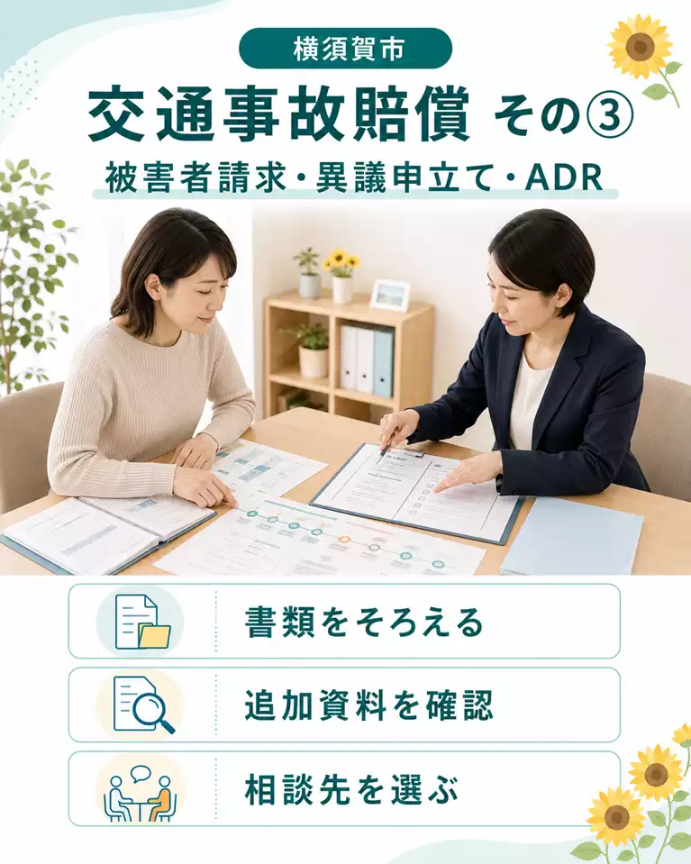 横須賀市の交通事故賠償について、被害者請求、異議申立て、ADRに必要な書類や追加資料、相談先を確認している画像