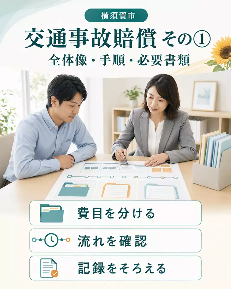 横須賀市、交通事故賠償その①、全体像・手順・必要書類 横須賀市の交通事故賠償について、費目、事故後の手順、必要書類と記録の全体像を確認している画像