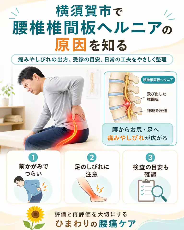 横須賀市で腰椎椎間板ヘルニアによる腰の痛みやお尻、足へのしびれに不安がある方向けに、原因の考え方、受診目安、日常生活の工夫、評価と再評価の大切さを案内する鍼灸整骨院ひまわりのスマホ用ヒーロー画像