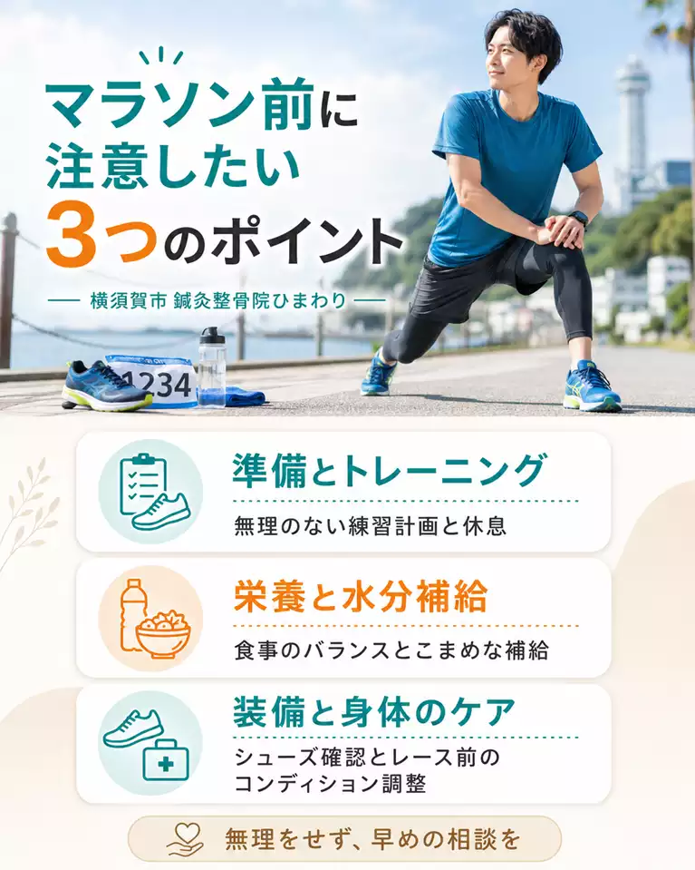 横須賀市でマラソン前に注意したい3つのポイント 横須賀市でマラソン前に注意したい方へ、準備とトレーニング、栄養と水分補給、装備と身体のケアを解説する画像