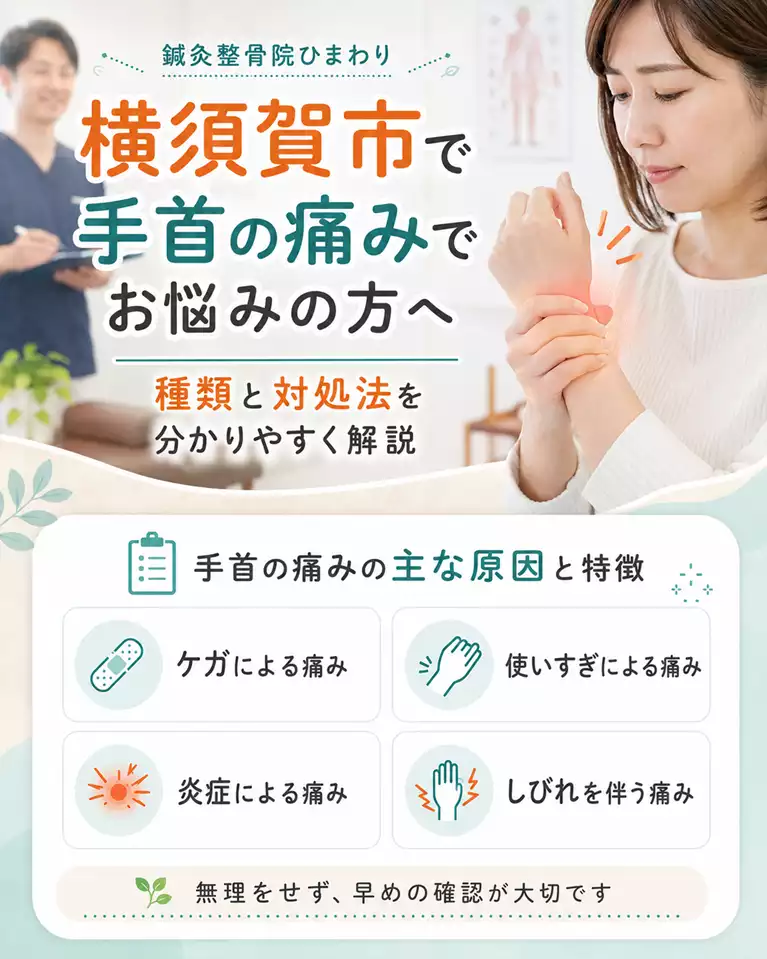 横須賀市で手首の痛みの種類と対処法を解説 横須賀市で手首の痛みの種類、ケガによる痛み、使いすぎによる痛み、炎症による痛み、しびれを伴う痛み、早めの確認を解説する画像