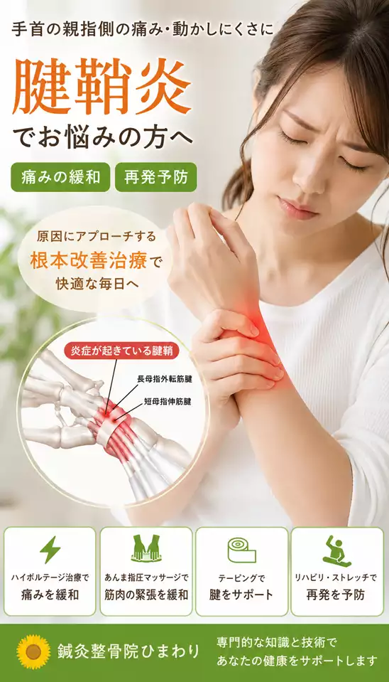 横須賀市で腱鞘炎による手首や指の痛み、動かしにくさ、親指側の負担に悩む方向けに、原因確認、施術、テーピング、セルフケアの考え方を案内する鍼灸整骨院ひまわりのスマホ用ヒーロー画像