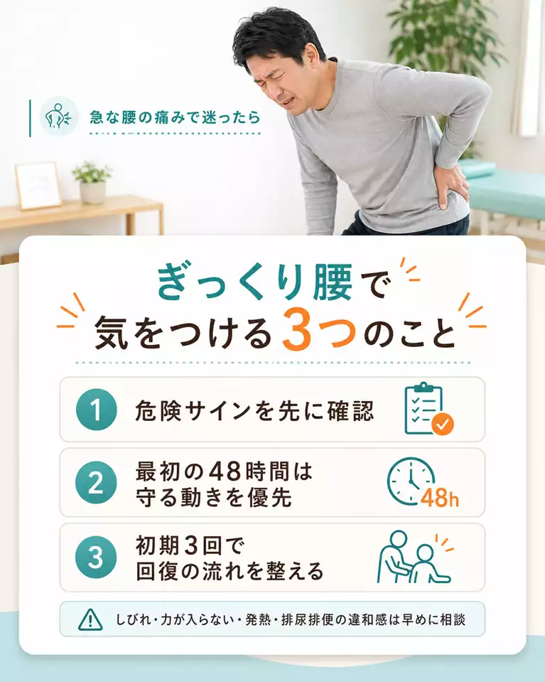 ぎっくり腰で気をつける3つのこと ぎっくり腰で気をつける3つのこととして、危険サインの確認、最初の48時間は守る動きを優先すること、初期3回で流れを整えること、しびれや力が入らない場合は早めに相談することを案内する画像