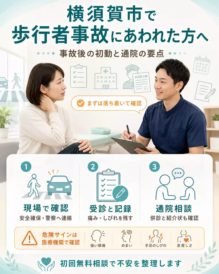 横須賀市で歩行者事故にあわれた方へ、現場での安全確認、受診と記録、通院相談、危険サインは医療機関で確認することを解説する画像