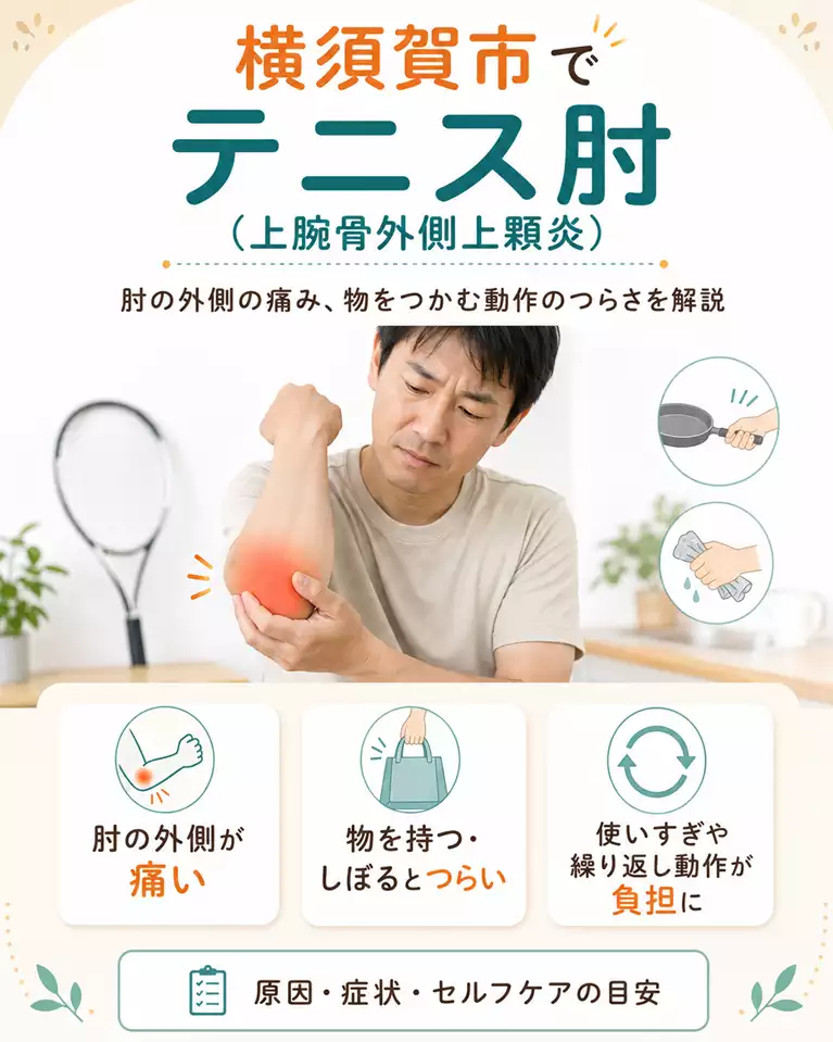 横須賀市でテニス肘による肘の外側の痛み、物を持つ動作やタオルをしぼる時のつらさ、使いすぎや繰り返し動作との関係を解説する画像 横須賀市でテニス肘による肘の外側の痛み、物を持つ動作やタオルをしぼる時のつらさ、使いすぎや繰り返し動作との関係を解説する画像