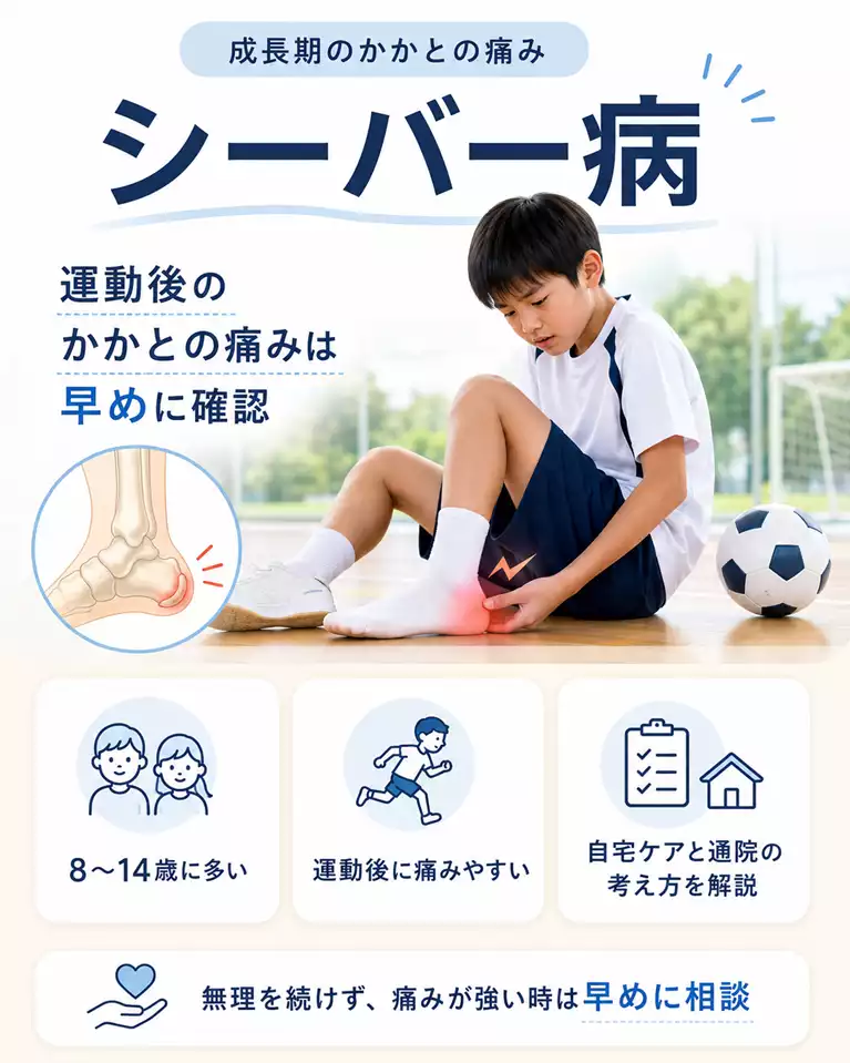 横須賀市で成長期のシーバー病によるかかとの痛みや運動後のつらさ、自宅ケアと通院の考え方を解説する画像