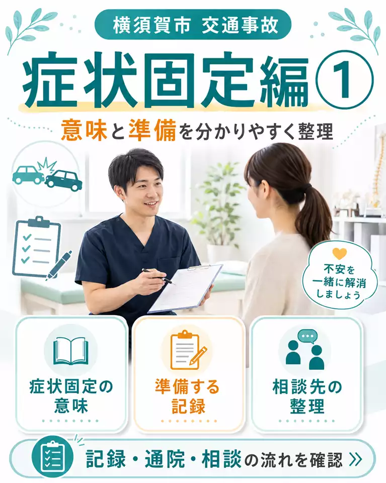 横須賀市の交通事故、症状固定の意味と準備 横須賀市で交通事故後の症状固定に不安がある方へ、施術者へ相談する様子と症状固定の意味、準備する記録、相談先の整理を紹介する画像