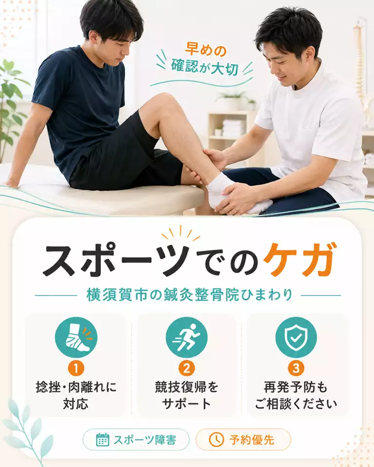 横須賀市でスポーツ中のケガや捻挫、肉離れ、競技復帰と再発予防を解説する画像