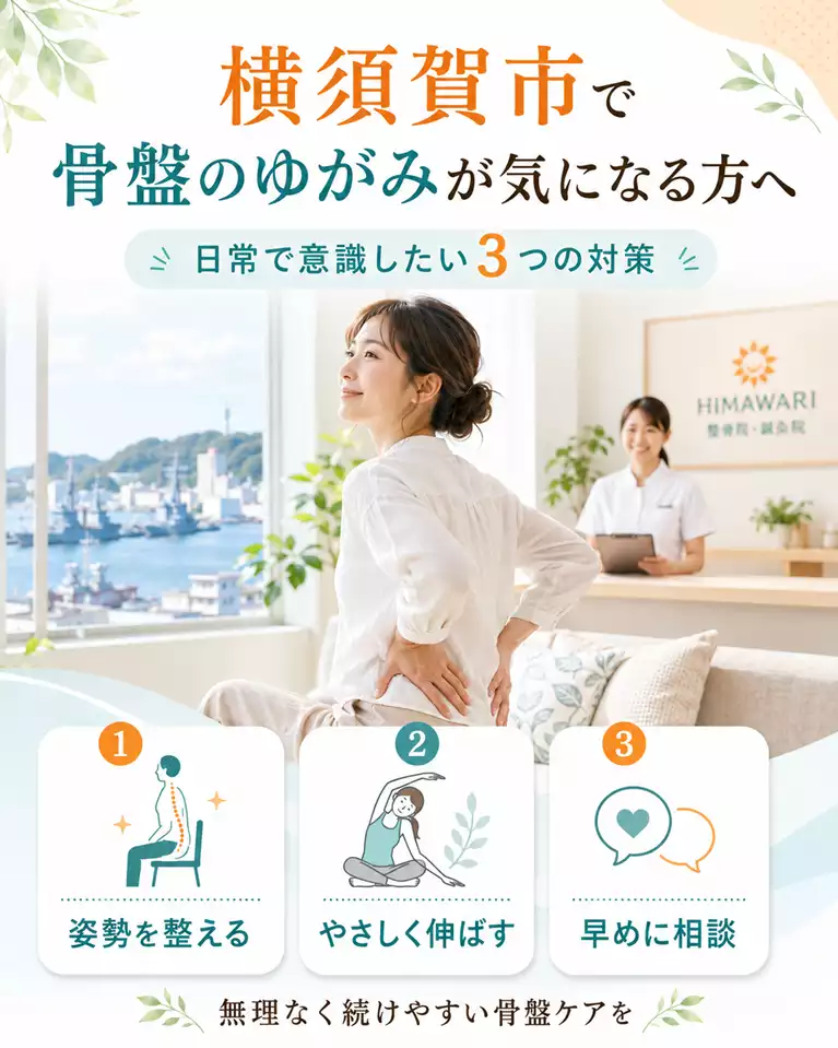 横須賀市で骨盤のゆがみが気になる方へ、姿勢、ストレッチ、早めの相談を解説する画像
