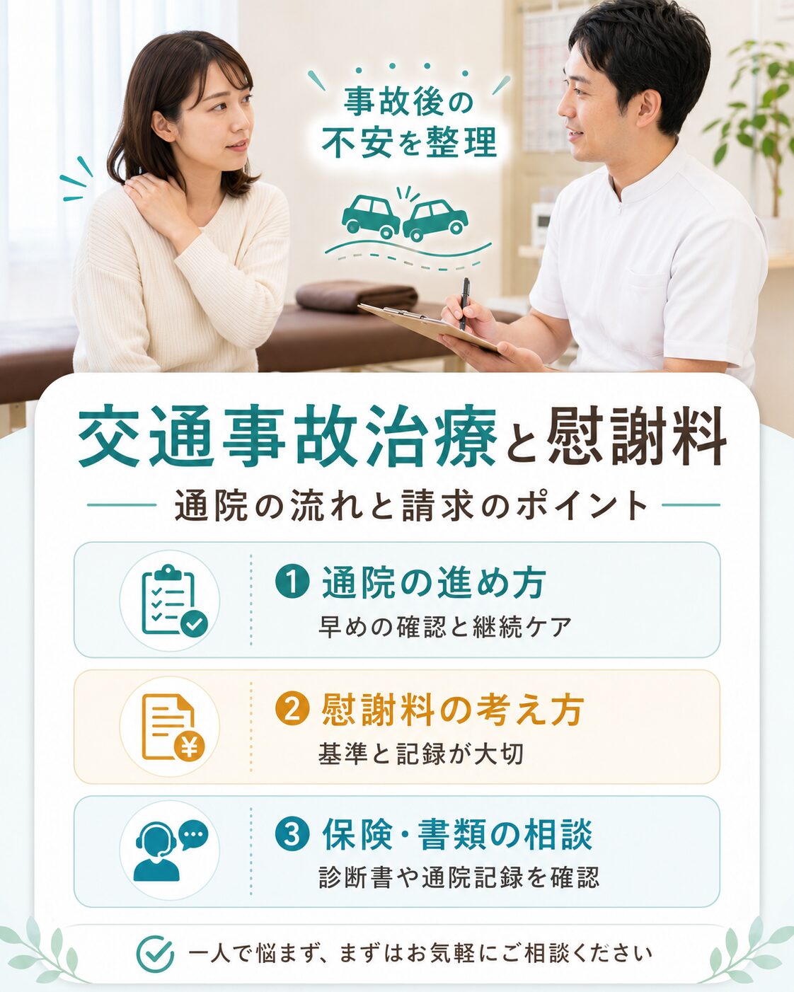 横須賀市の交通事故後の通院と慰謝料、保険書類の相談ポイント 横須賀市で交通事故治療と慰謝料、通院の流れや保険・書類の相談ポイントを解説する画像