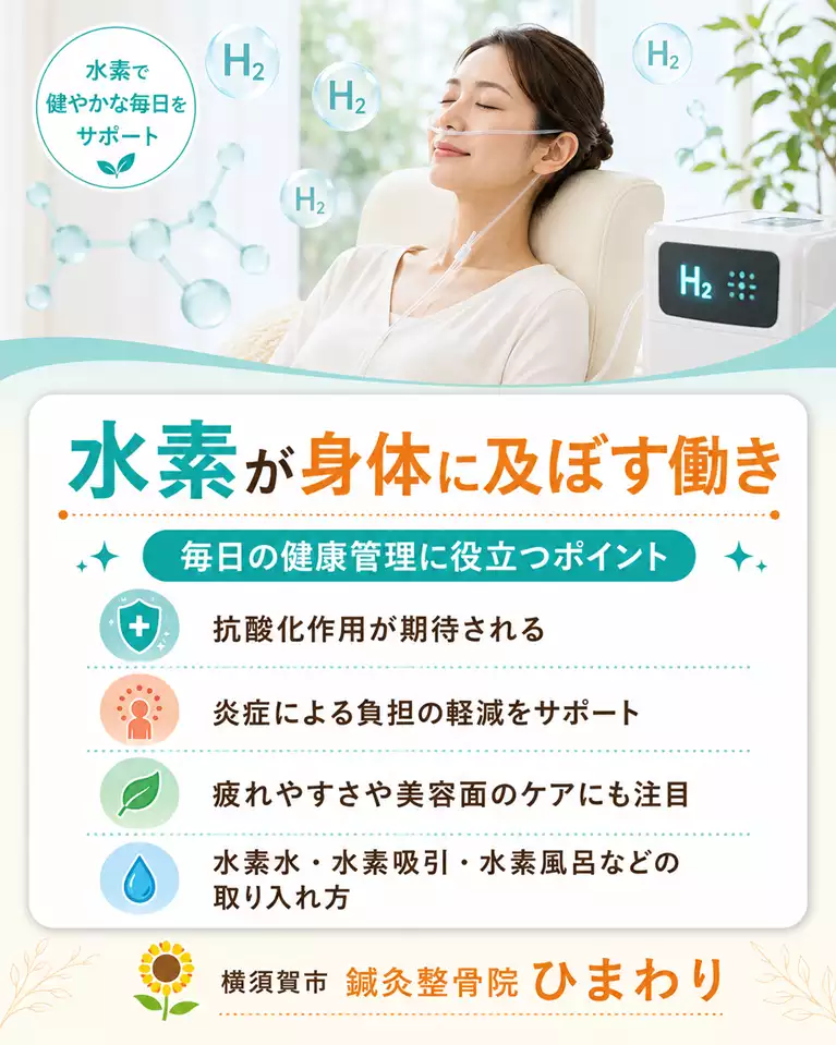 横須賀市で水素が身体に及ぼす働き、抗酸化作用、炎症による負担軽減、疲れやすさや美容面のケア、水素水や水素吸引の取り入れ方を解説する画像