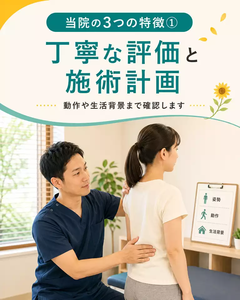 当院の3つの特徴① 丁寧な評価と施術計画 横須賀市の鍼灸整骨院ひまわりで姿勢、動作、生活背景を確認し、丁寧な評価と施術計画を行う様子